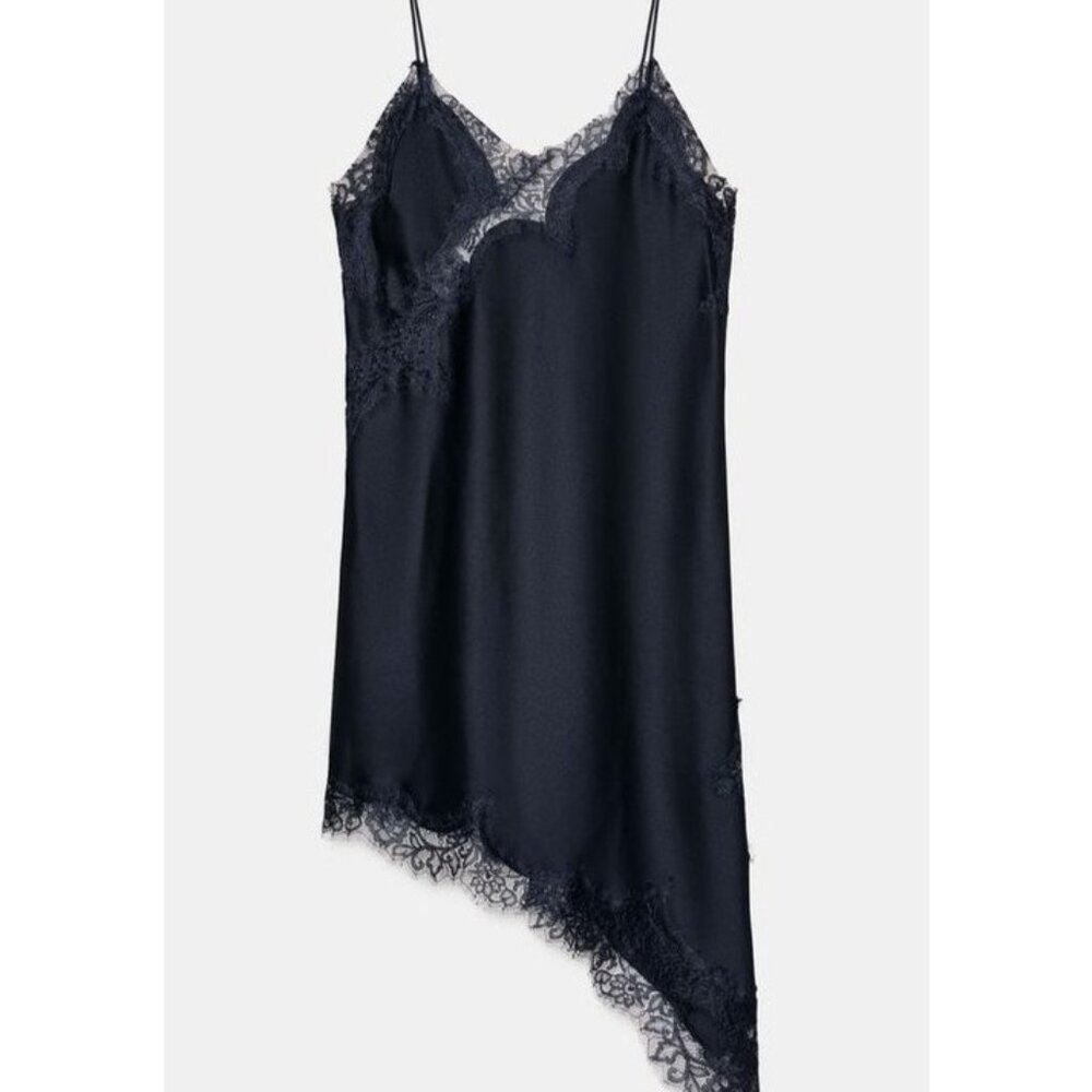 Zara Womens Slip Dress S Black Satin Asymmetric Floral Trim Lace 5919/200 NWOT - Picture 2 of 13